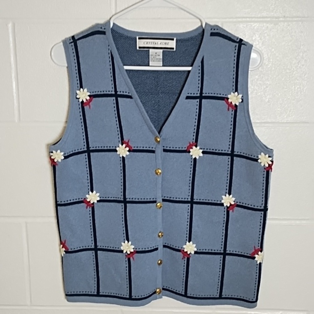 Crystal Kobe 100% Cotton Knit Sweater Vest Denim Blue Navy Gold Buttons